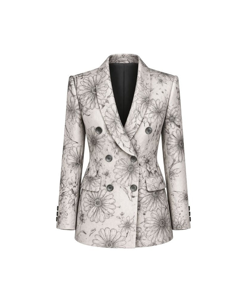 Brunello Cucinelli White Floral Graphic Jacket featuring a double-breasted silhouette with detailed monochrome floral motifs on a crisp white fabric, tailored for a structured fit.