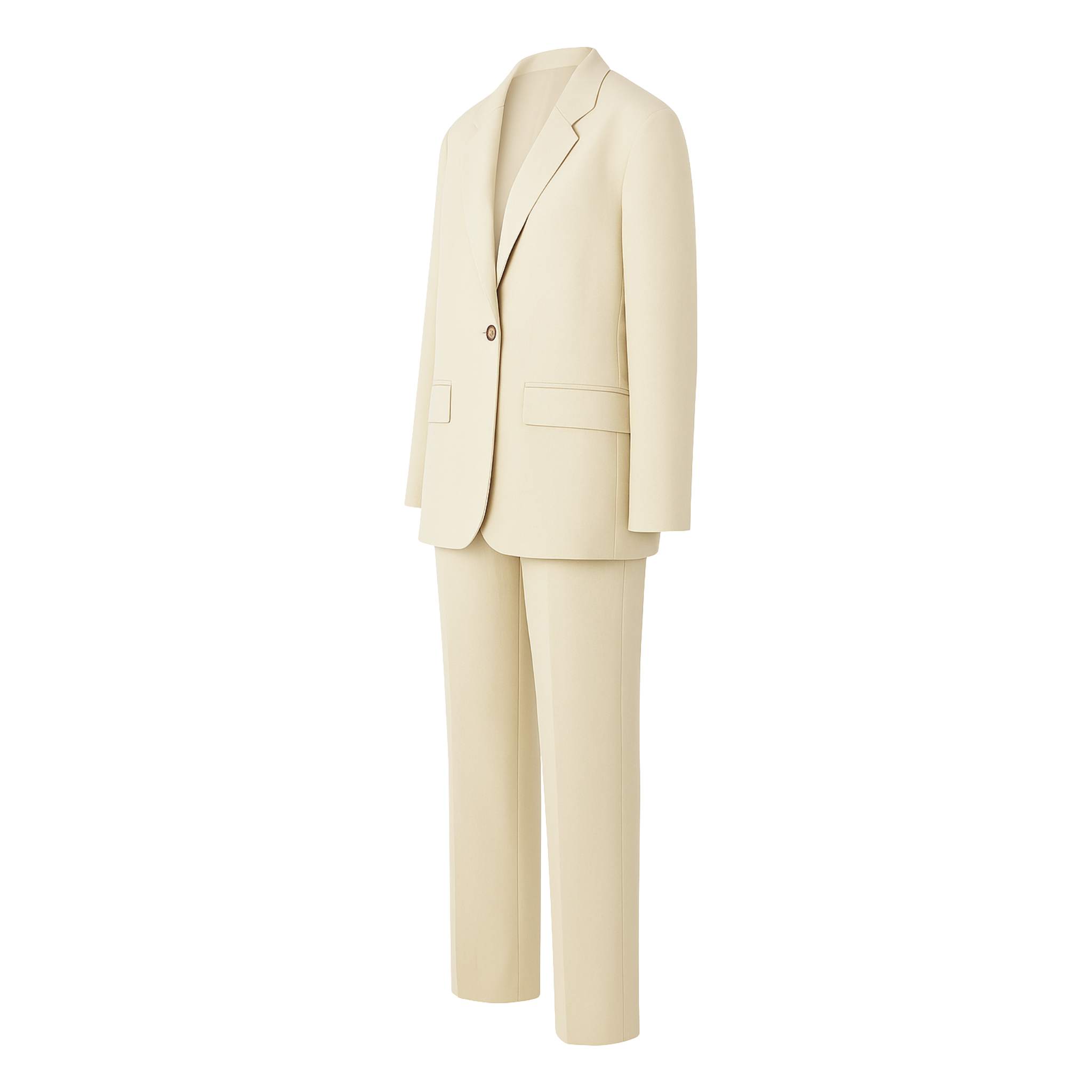PRE-LOVED | Women's Cream Oversized Wedding Suit featuring a relaxed tailored blazer with a single-button closure, notch lapels, flap pockets, and straight-leg trousers in a soft cream fabric.