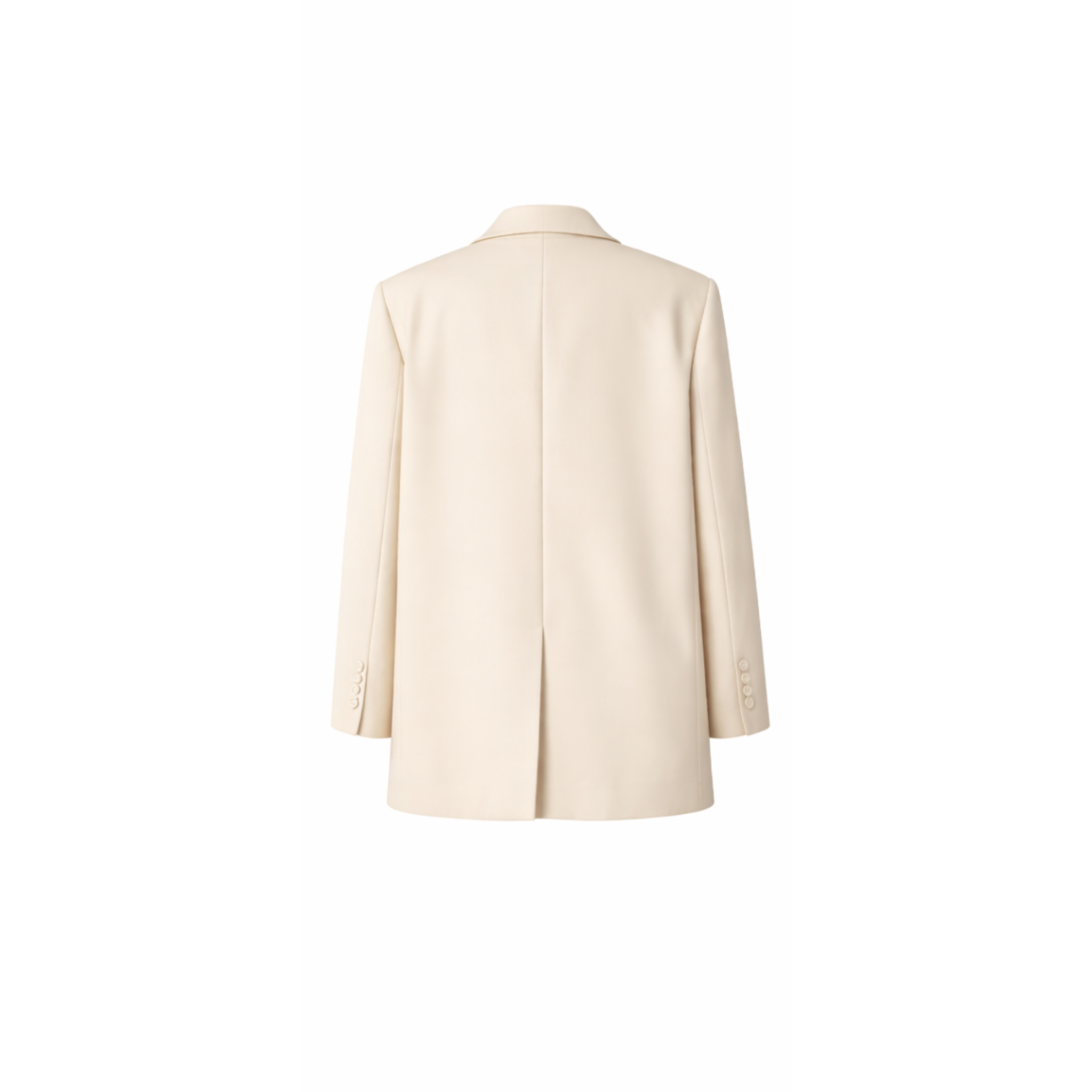Women's Wearhouse | Women's Oversized Cream Suit Jacket shown from the back, featuring a smooth cream fabric, long sleeves with button cuffs, and a clean, tailored vented silhouette.