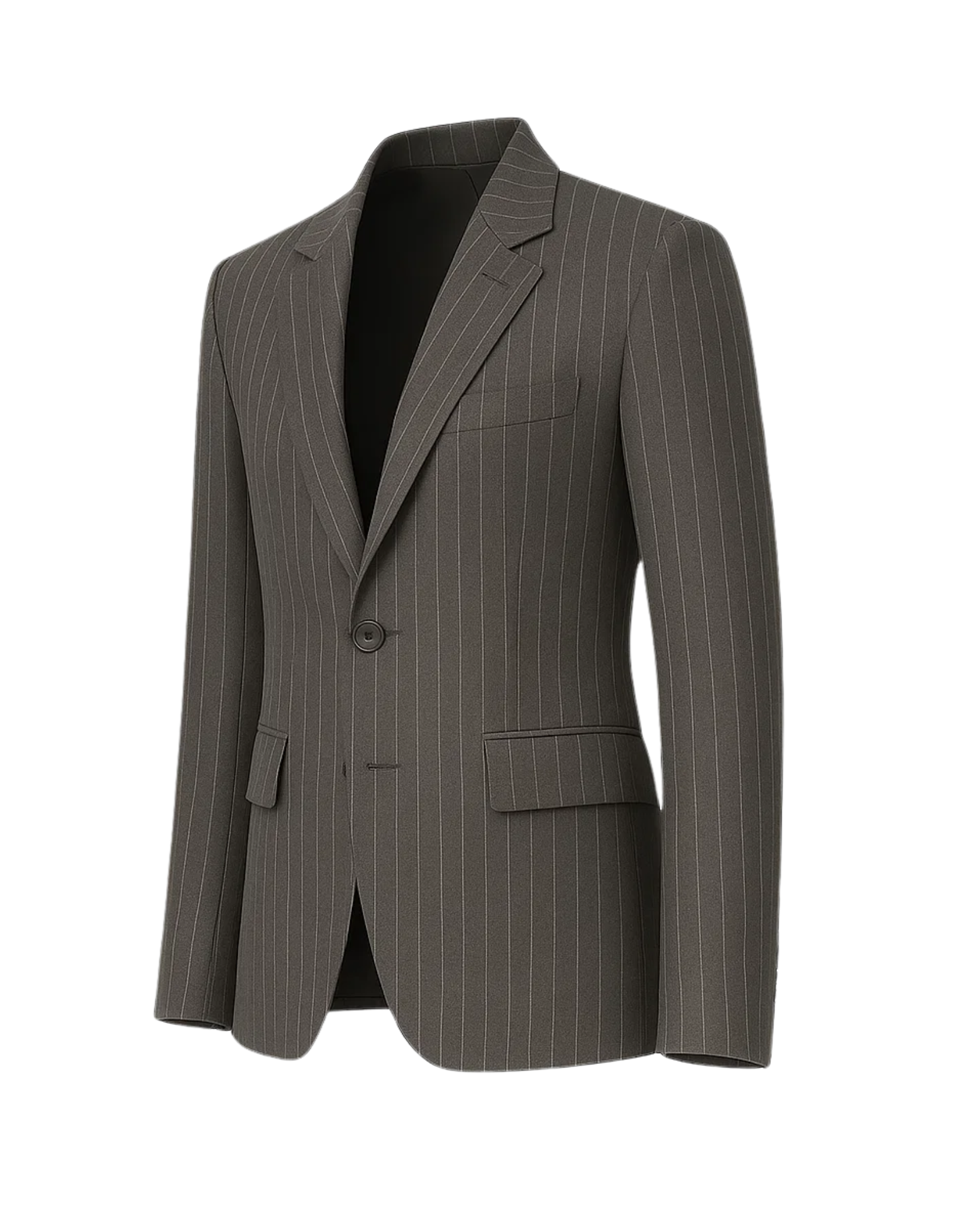 Men's Gray Pinstripe Classic Blazer Jacket with a single-button closure, notch lapels, flap pockets, and a tailored silhouette in a refined gray pinstripe fabric for sophisticated menswear.