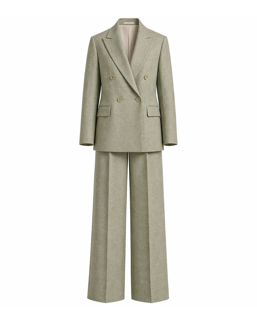 Sage Green Wool and Linen Blend Summer Wedding Two Piece Suit featuring a double-breasted blazer with peak lapels and wide-leg trousers crafted for elegant summer formalwear.
