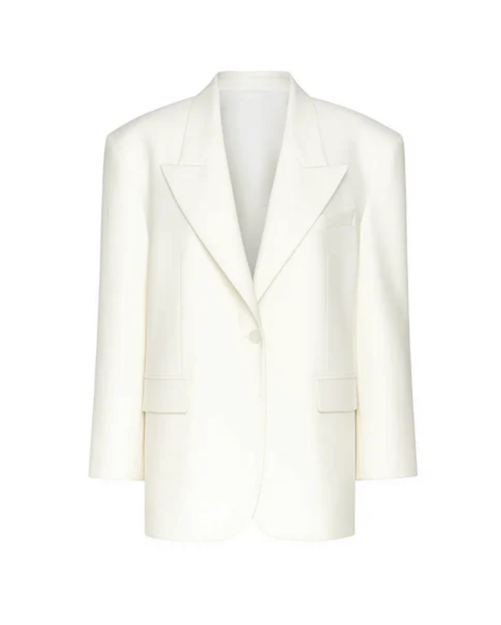 Ivory Oversized Boxy Wedding Blazer with a clean, sharp silhouette featuring wide lapels, a single-button front closure, and structured tailoring for modern bridal suiting.