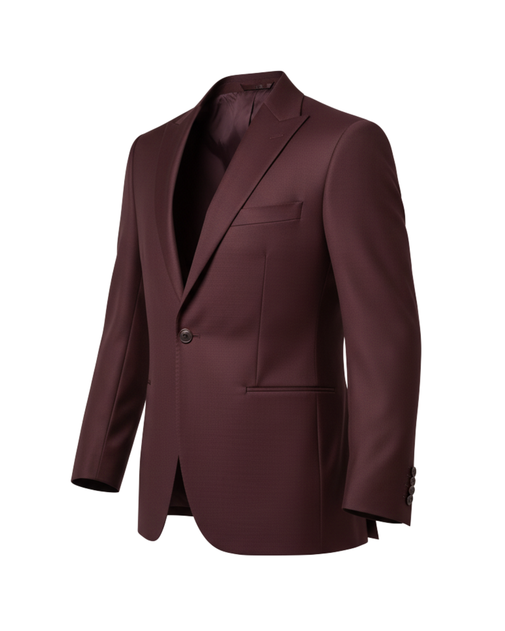 Burgundy Wool Blazer tailored with a single-button closure, sharp notched lapels, and structured shoulders, crafted from smooth fabric for refined, modern formalwear.