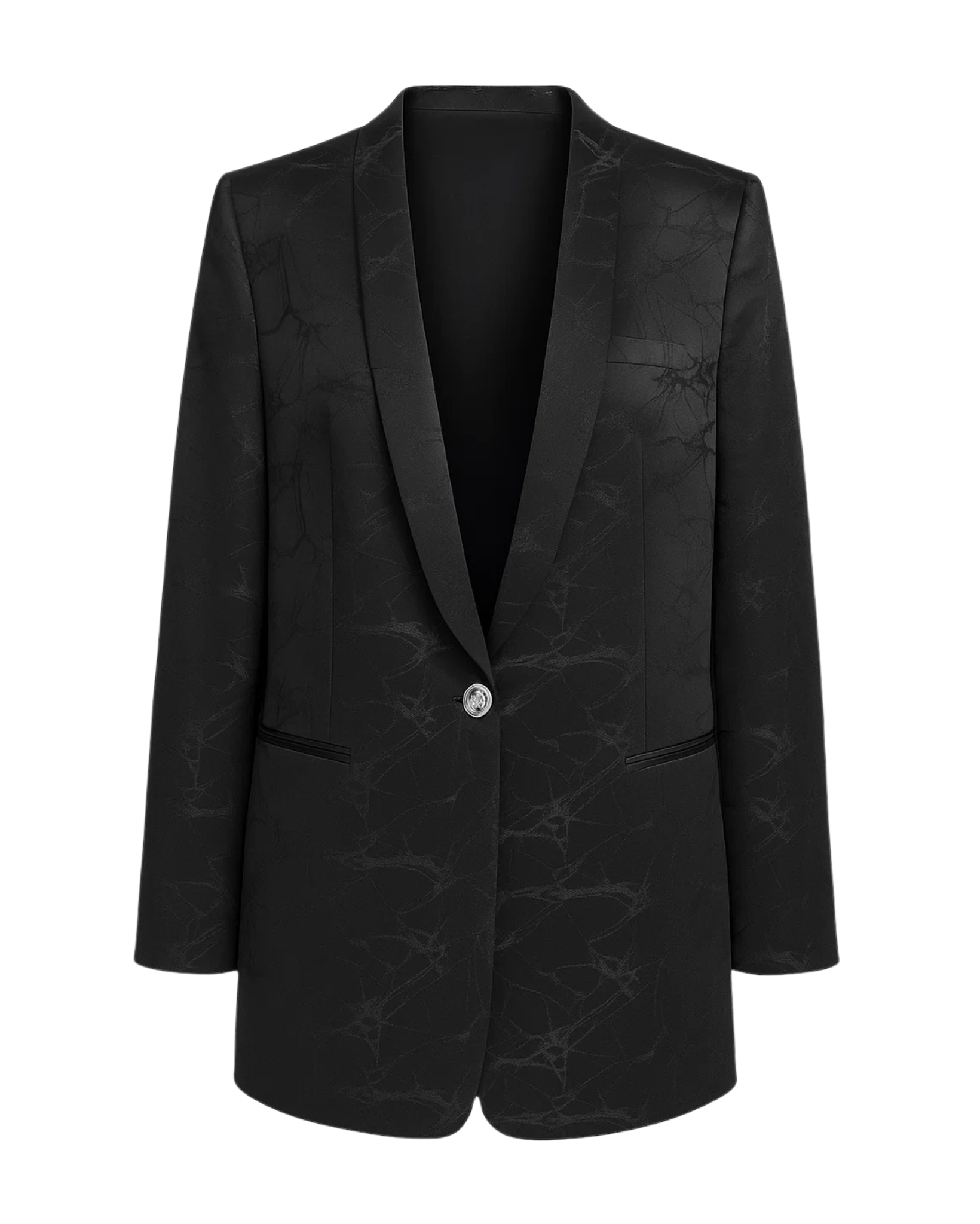 Black blazer with subtle pattern on a white background