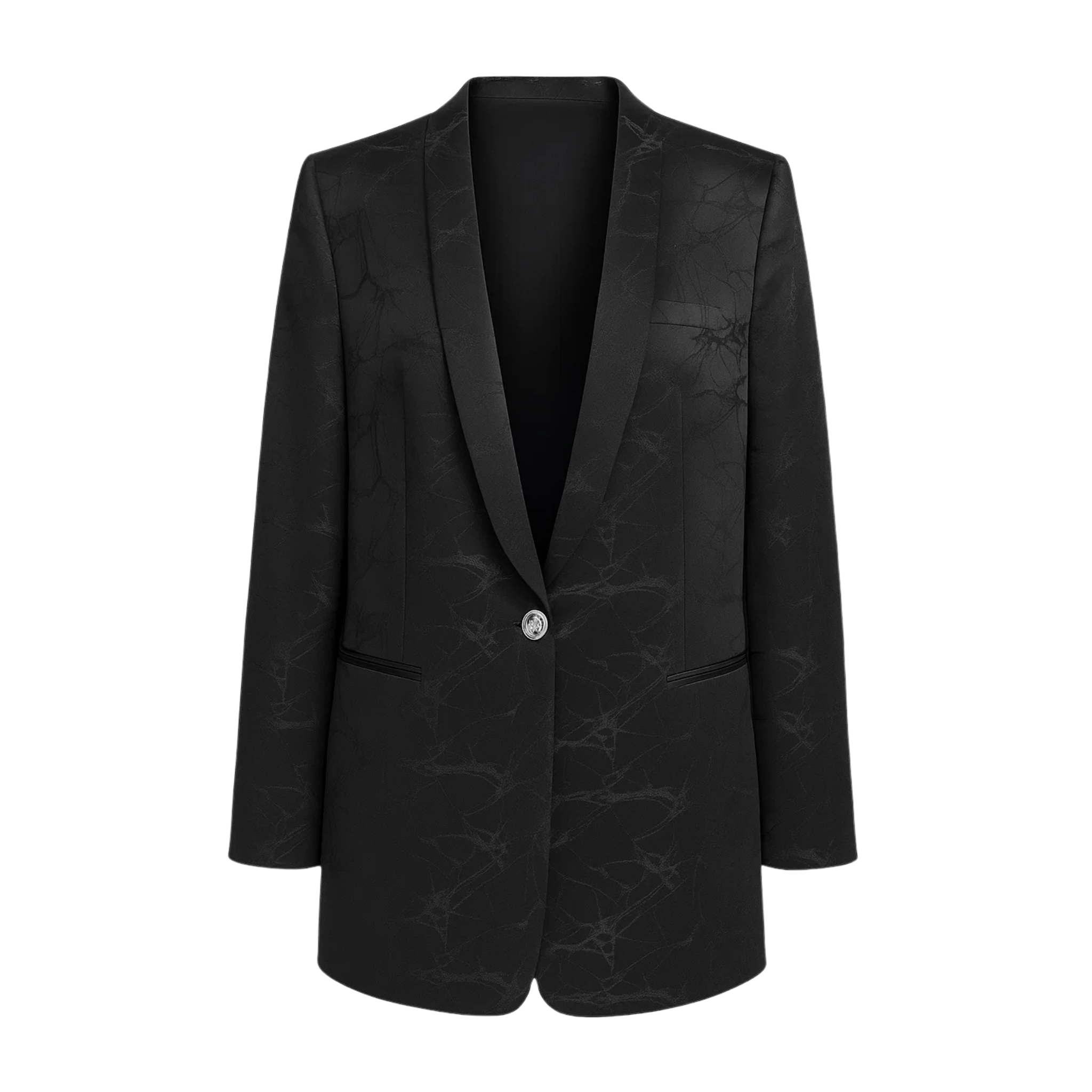 Black blazer with subtle pattern on a white background