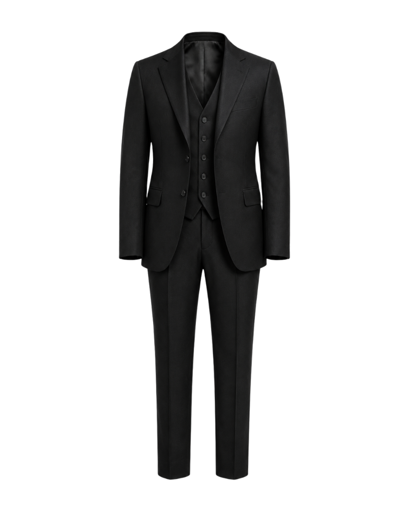 Black Loro Piana three-piece suit front view