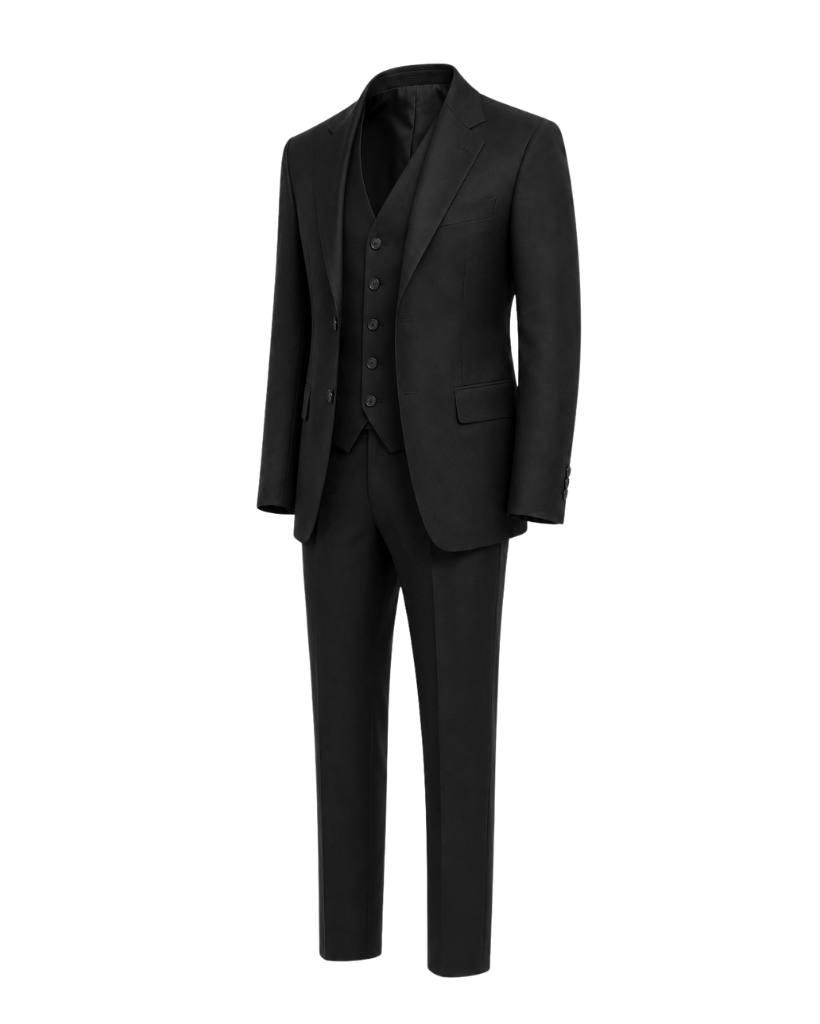 Black Loro Piana three-piece suit side view