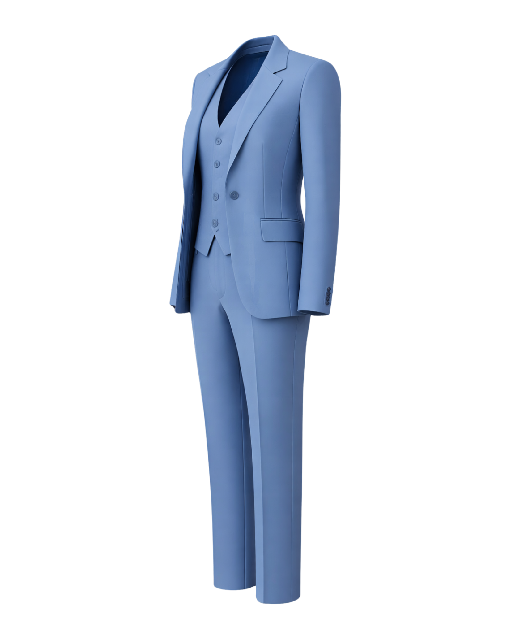 Blue suit jacket and pants on a white background