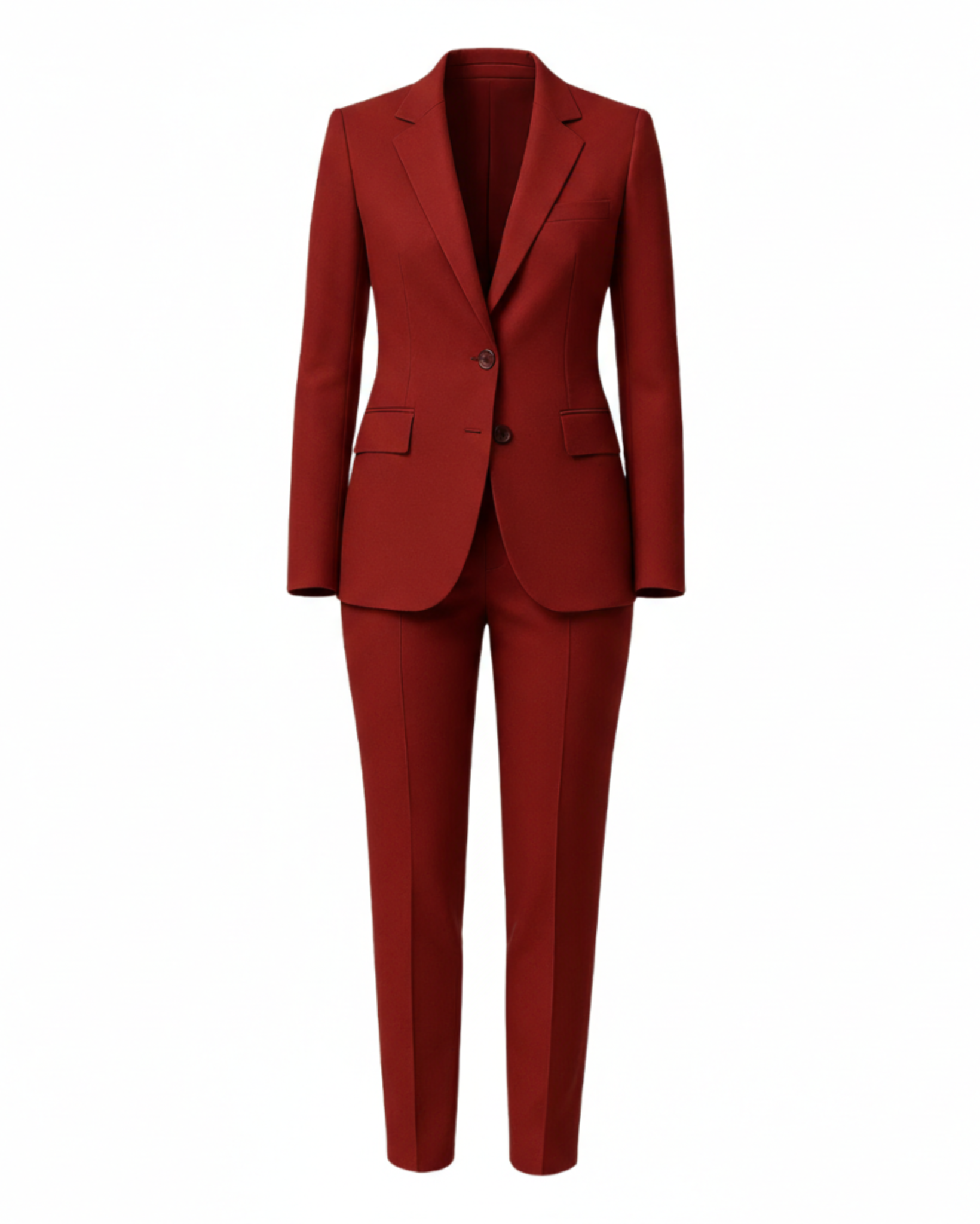 Red suit jacket and pants on a white background