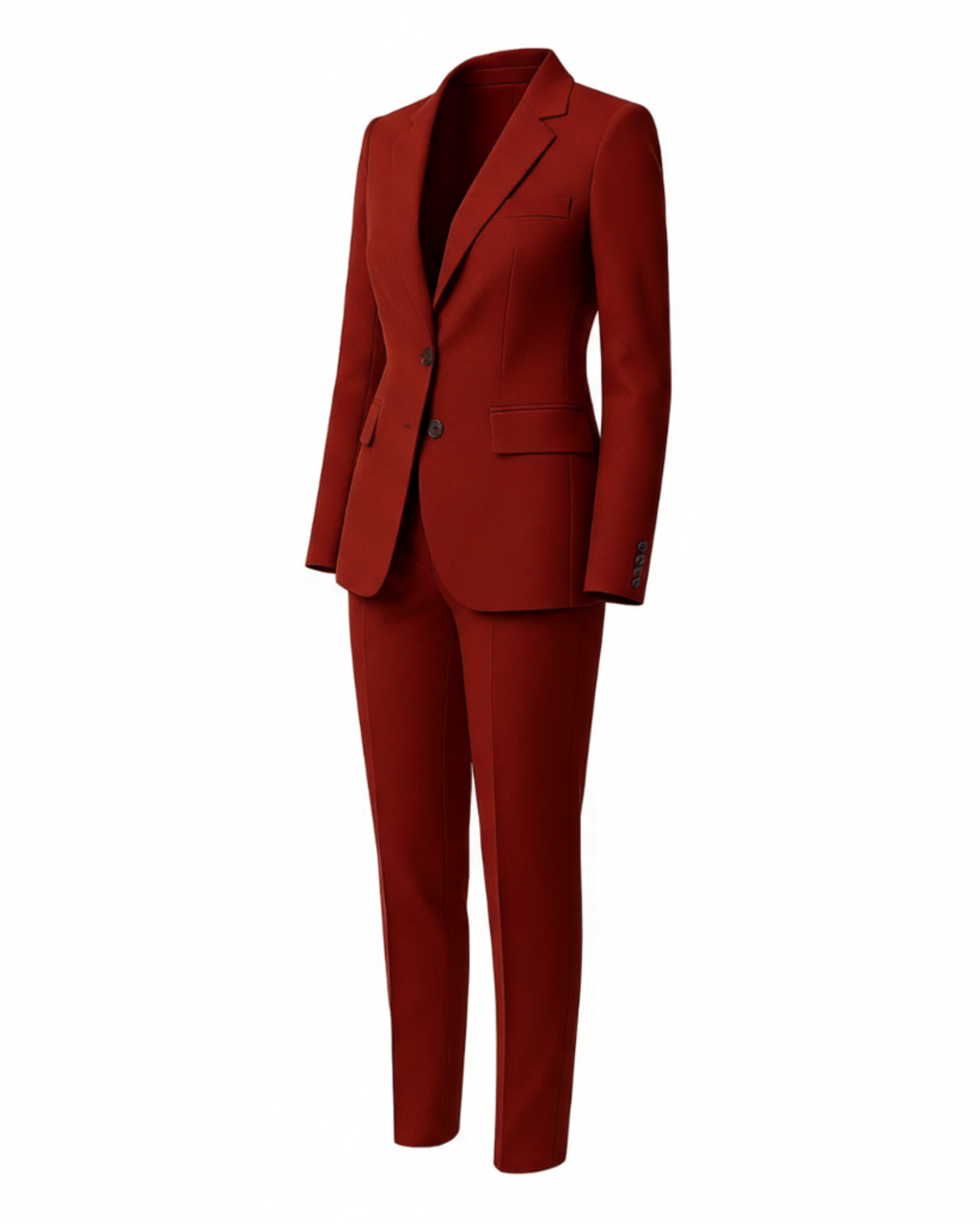 Red suit jacket and pants on a white background