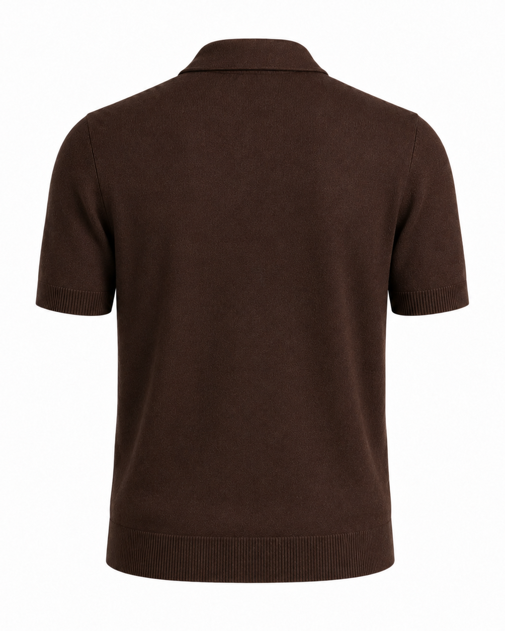 Men’s Loro Piana Featherweight Cashmere Polo in deep brown, shown from the back with short sleeves and ribbed hems crafted from fine, lightweight cashmere for elegant leisurewear.