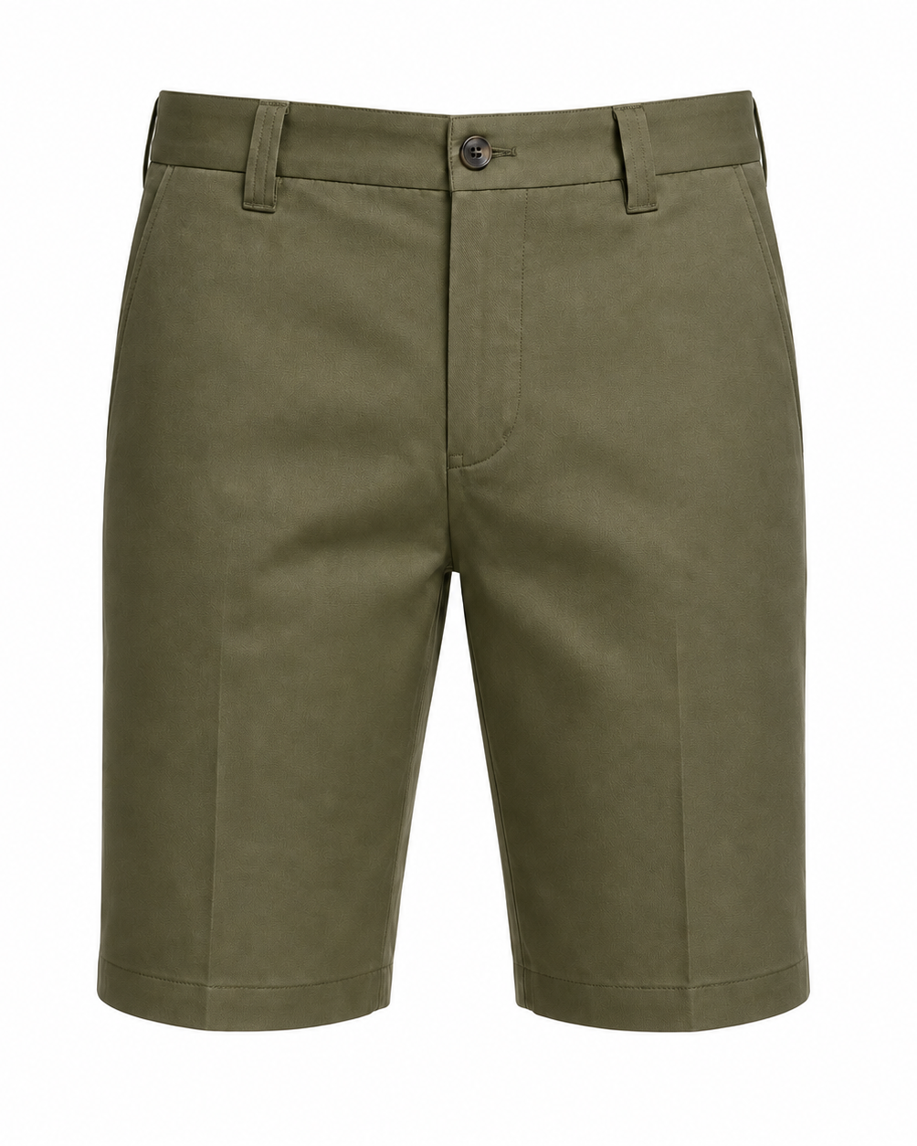 Men’s Loro Piana Tailored Bermuda Shorts in an elegant olive green shade, featuring a flat front, belt loops, side pockets, and a button closure for refined summer leisurewear.