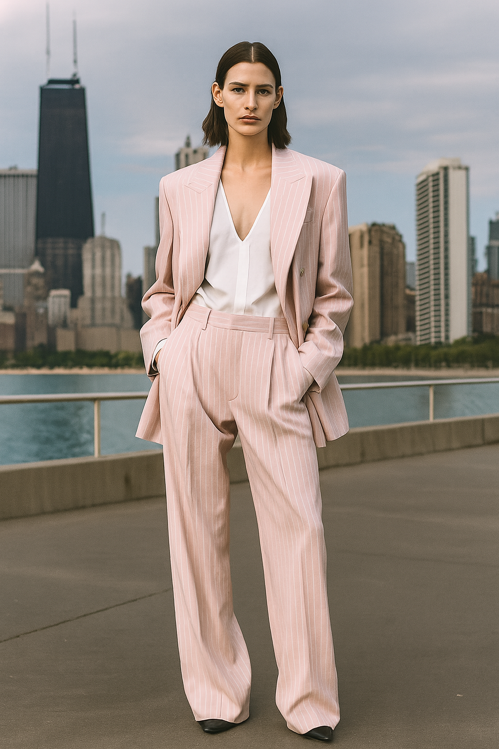 Person wearing a pale pink pinstriped suit with an oversized double-breasted blazer and wide-leg trousers, paired with a white V-neck blouse, standing by a waterfront with city buildings in the background.