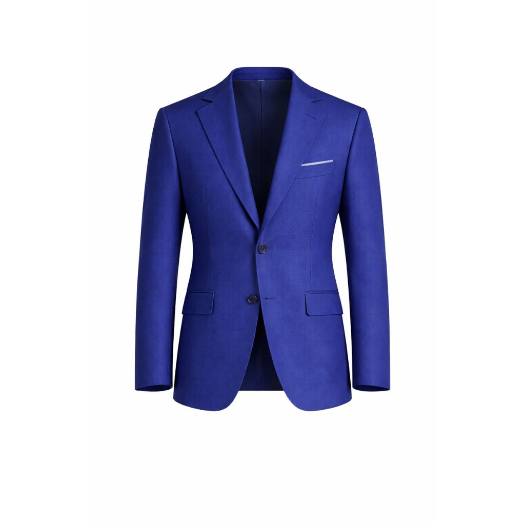 Royal Blue Men's Classic Cut Jacket shown front-facing with notch lapels, two-button closure, and flap pockets, crafted from vivid royal blue fabric for sharp, timeless menswear.