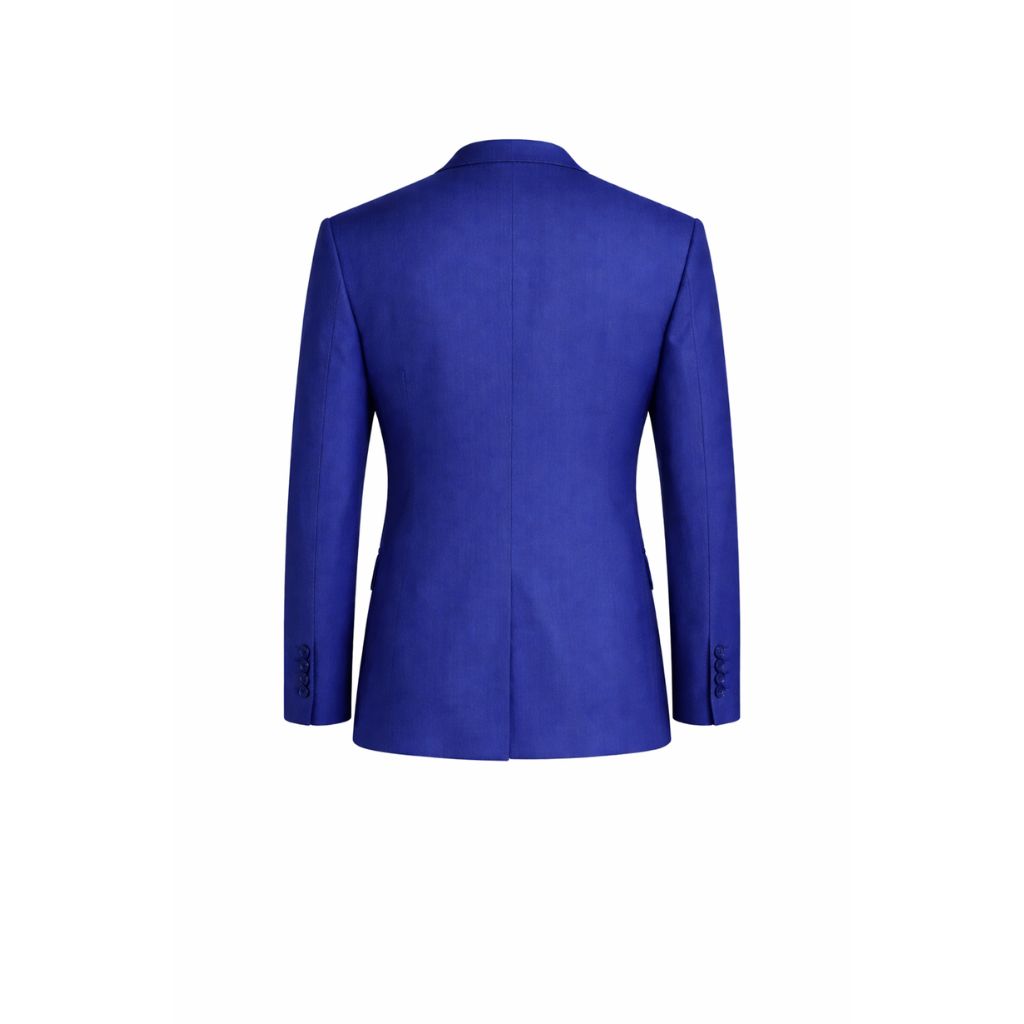 Rear view of Royal Blue Men's Classic Cut Jacket crafted from rich royal blue fabric, featuring a tailored silhouette with clean lines and buttoned sleeve cuffs.