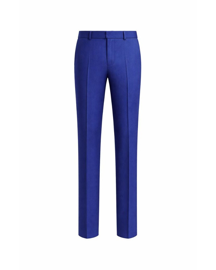 Front view of Royal Blue Men's Classic cut Trousers featuring a sleek, tailored fit with crisp creases and belt loops, crafted for refined formal and business occasions.