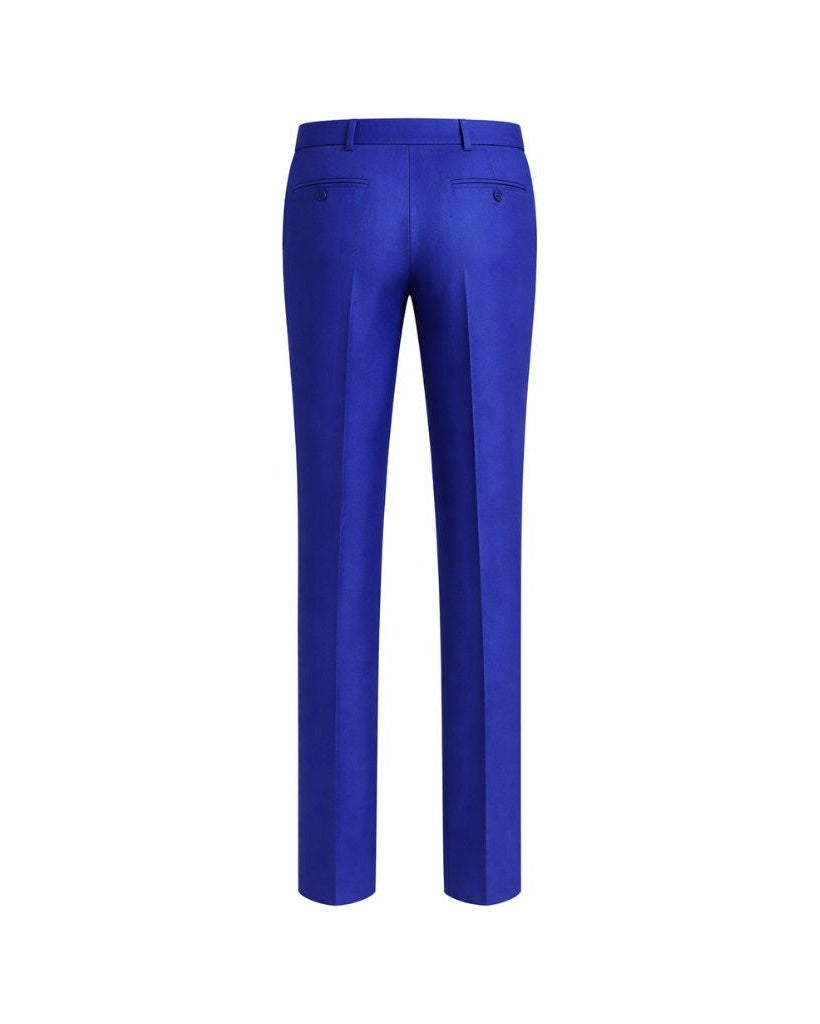 Rear view of Royal Blue Men's Classic cut Trousers featuring a streamlined fit, belt loops, and buttoned back pockets, tailored for elegant formal and business wear.