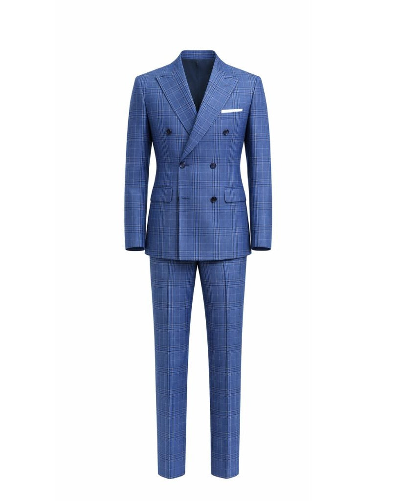 Front view of Blue Plaid Double-Breasted Men's Two-Piece Classics Cut Suit featuring tailored jacket with peak lapels, six-button closure, flap pockets, and matching slim-fit trousers in a refined pattern.