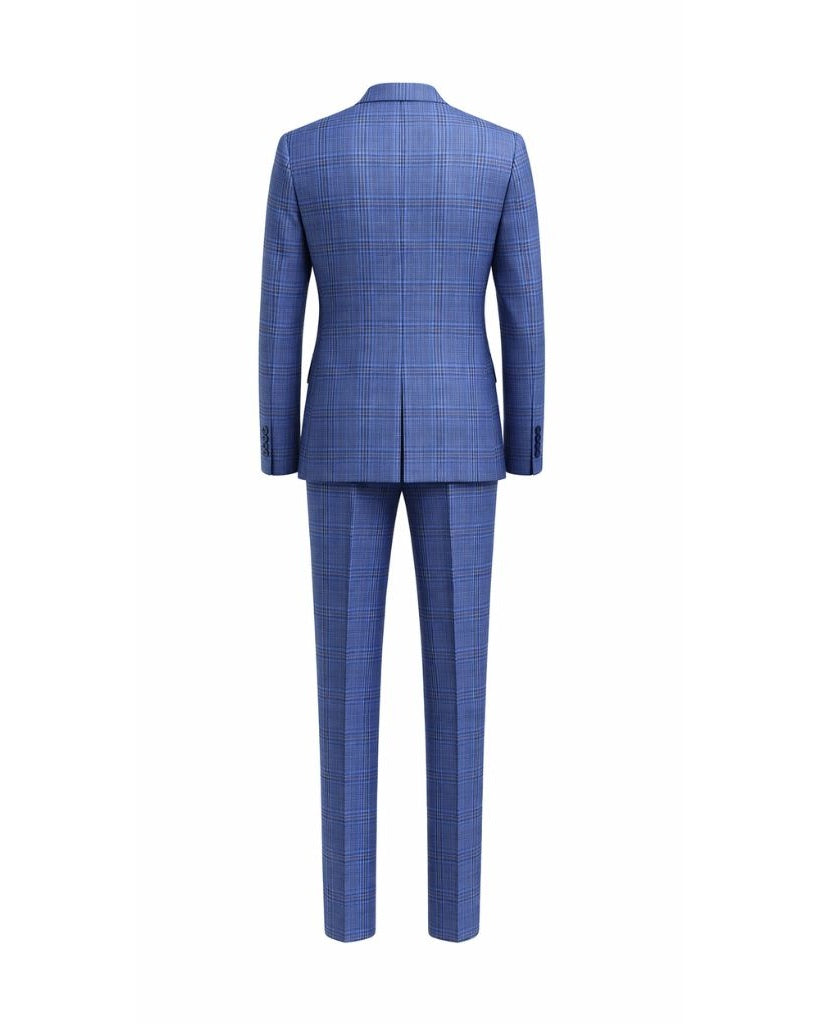 Back view of Blue Plaid Double-Breasted Men's Two-Piece Classics Cut Suit featuring a tailored jacket with clean lines and matching slim-fit trousers in a sophisticated plaid pattern.