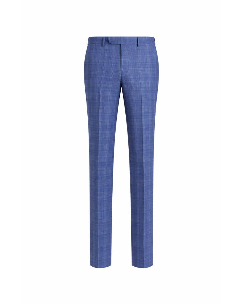 Blue Plaid Men's Classic cut Trousers displayed front-facing, featuring a slim tailored fit with subtle plaid pattern and belt loops for sophisticated menswear styling.
