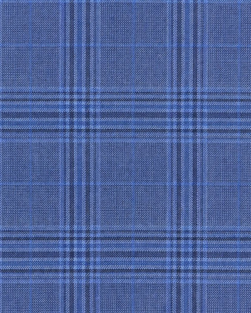 Blue Plaid Men's Classic Cut Jacket fabric close-up showcasing a finely woven plaid pattern in deep blue tones with subtle textural details for sophisticated suiting.