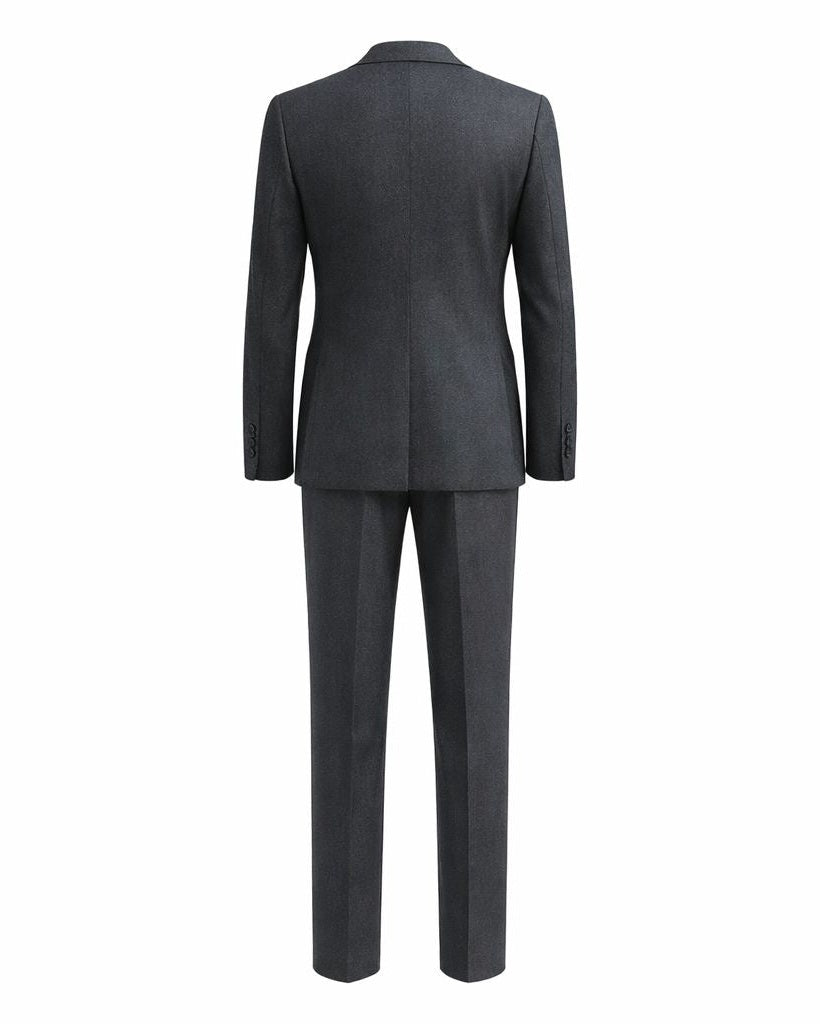 Back view of Charcoal Grey Men's Two-Piece Classics Cut Suit showcasing a tailored jacket with a smooth, structured fit and matching straight-leg trousers for timeless formalwear.