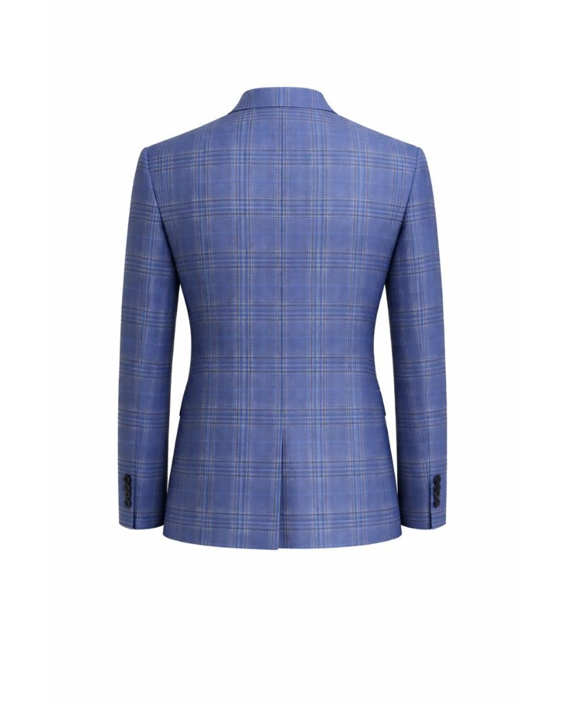 Back view of Blue Plaid Men's Classic Cut Jacket featuring a slim tailored fit, subtle plaid pattern, and clean lines with buttoned sleeve cuffs for a modern, refined look.