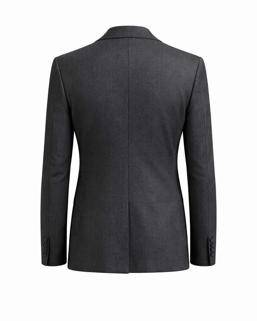 Back view of Charcoal Grey Men's Classic Cut Jacket highlighting a smooth, structured silhouette with clean lines and a single vent for refined formal and business wear.