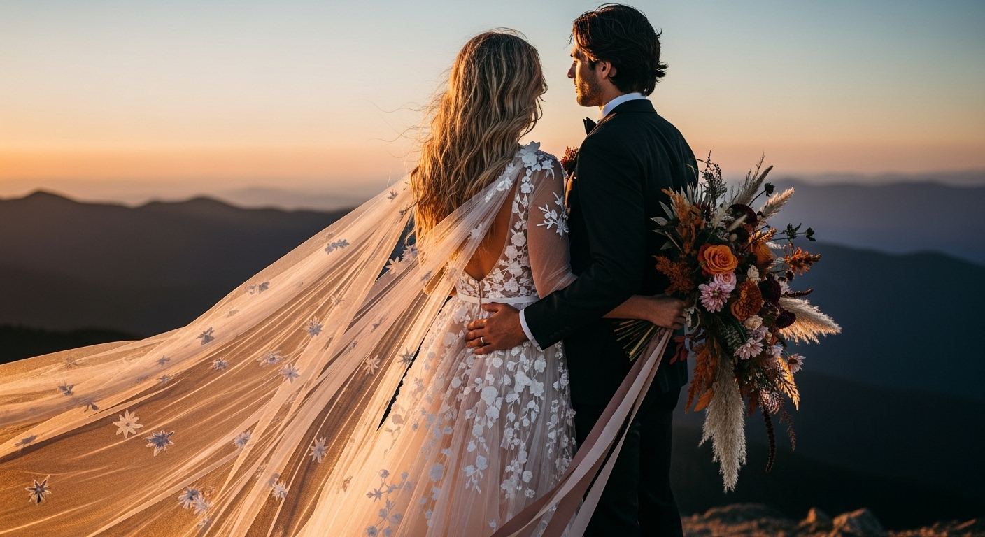 A couple stands on a mountaintop at sunset, the bride wearing a flowing floral lace gown with a long sheer veil, and the groom in a dark suit holding a vibrant bouquet.