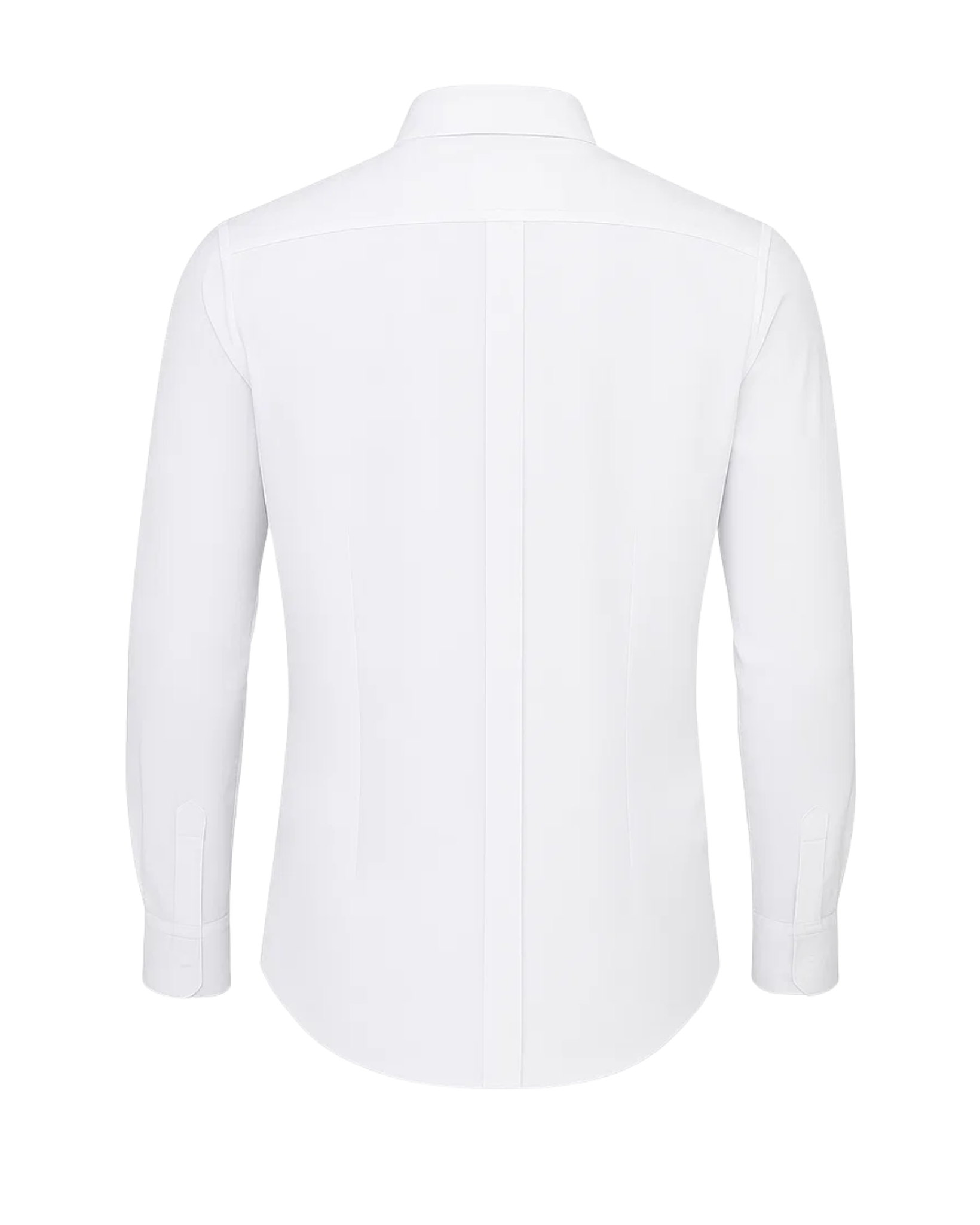 Men's White Classic Dress Shirt shown from the back, highlighting a clean, smooth fabric with long sleeves, buttoned cuffs, and a tailored fit for a sleek, formal look.