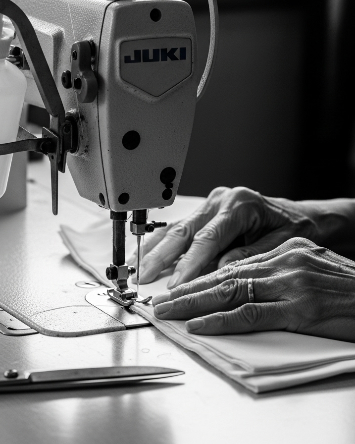 Sewing machine with hands working on fabric, scissors nearby