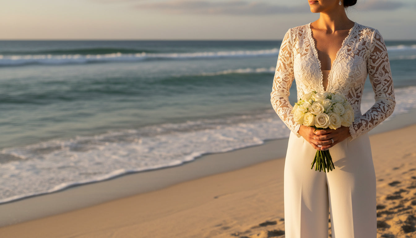 A woman in a long-sleeved lace bridal jumpsuit holding a bouquet of white roses stands on a sandy beach with gentle ocean waves in the background during golden hour.