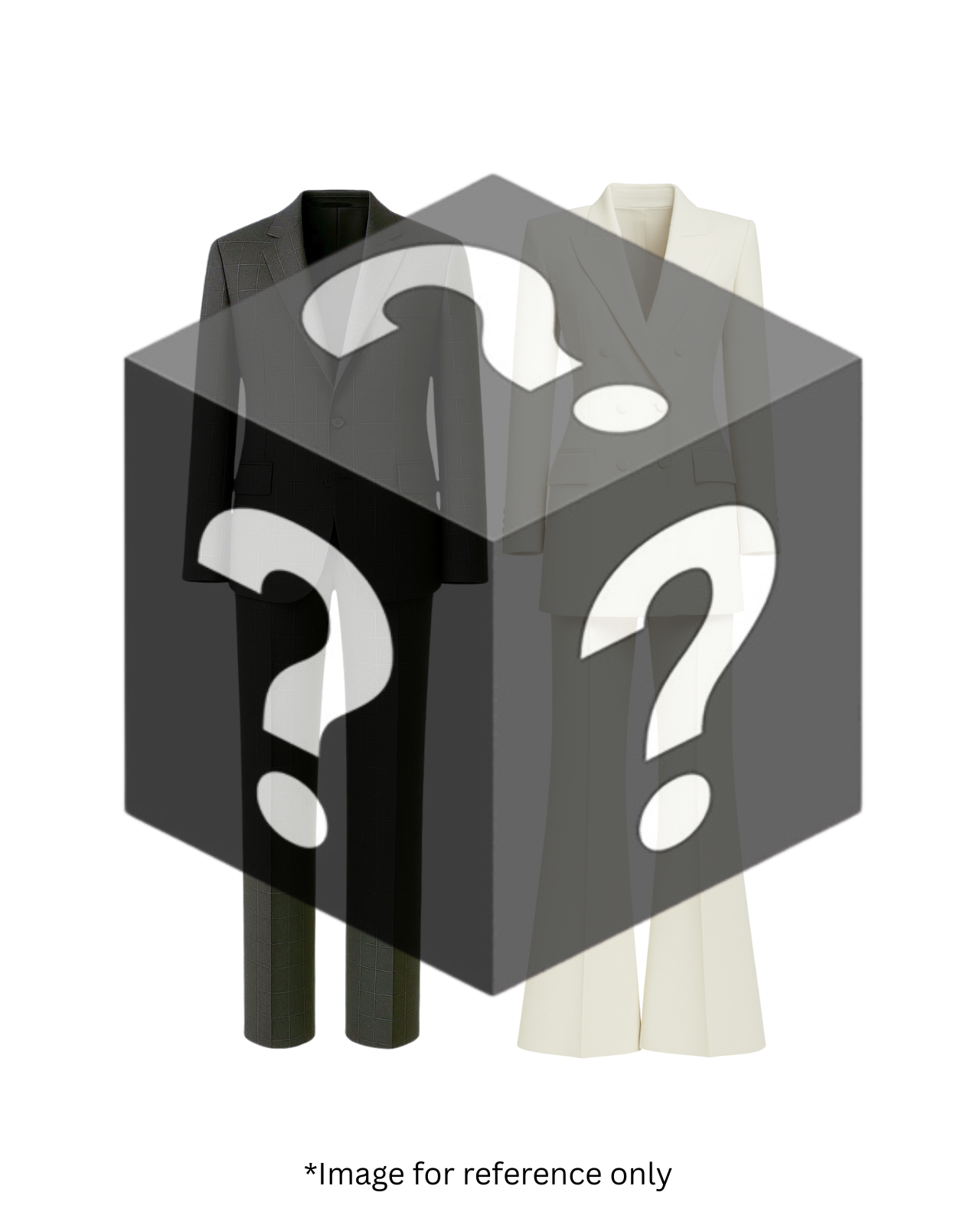 Two elegant tailored suits, one black and one off-white, partially obscured by a translucent black box featuring white question marks, representing the Mystery Sample Blind Box — Two Suit Set Bundle (Value up to $5,000).
