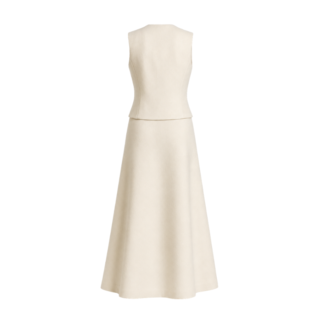 Ivory Loro Piana women's two-piece skirt and vest set back view
