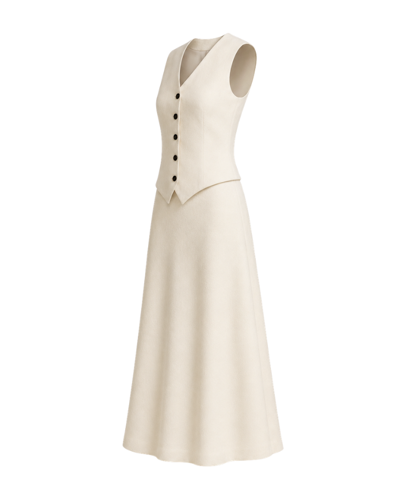 Ivory Loro Piana women's two-piece skirt and vest set side view