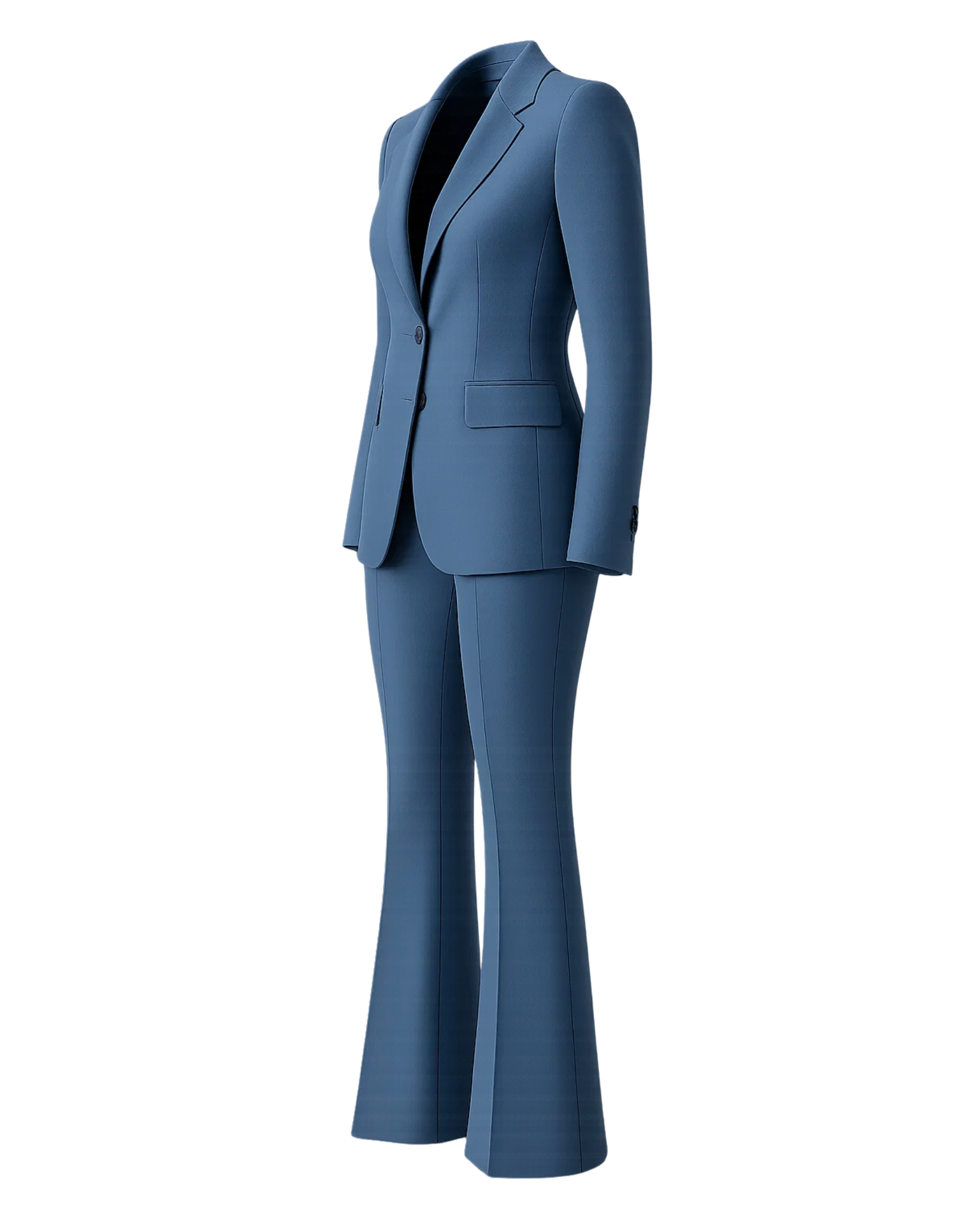 Women's Blue Two Piece Suit Set featuring a tailored blazer with slim lapels and structured shoulders, paired with high-rise, subtly flared trousers for a sleek and modern fit.