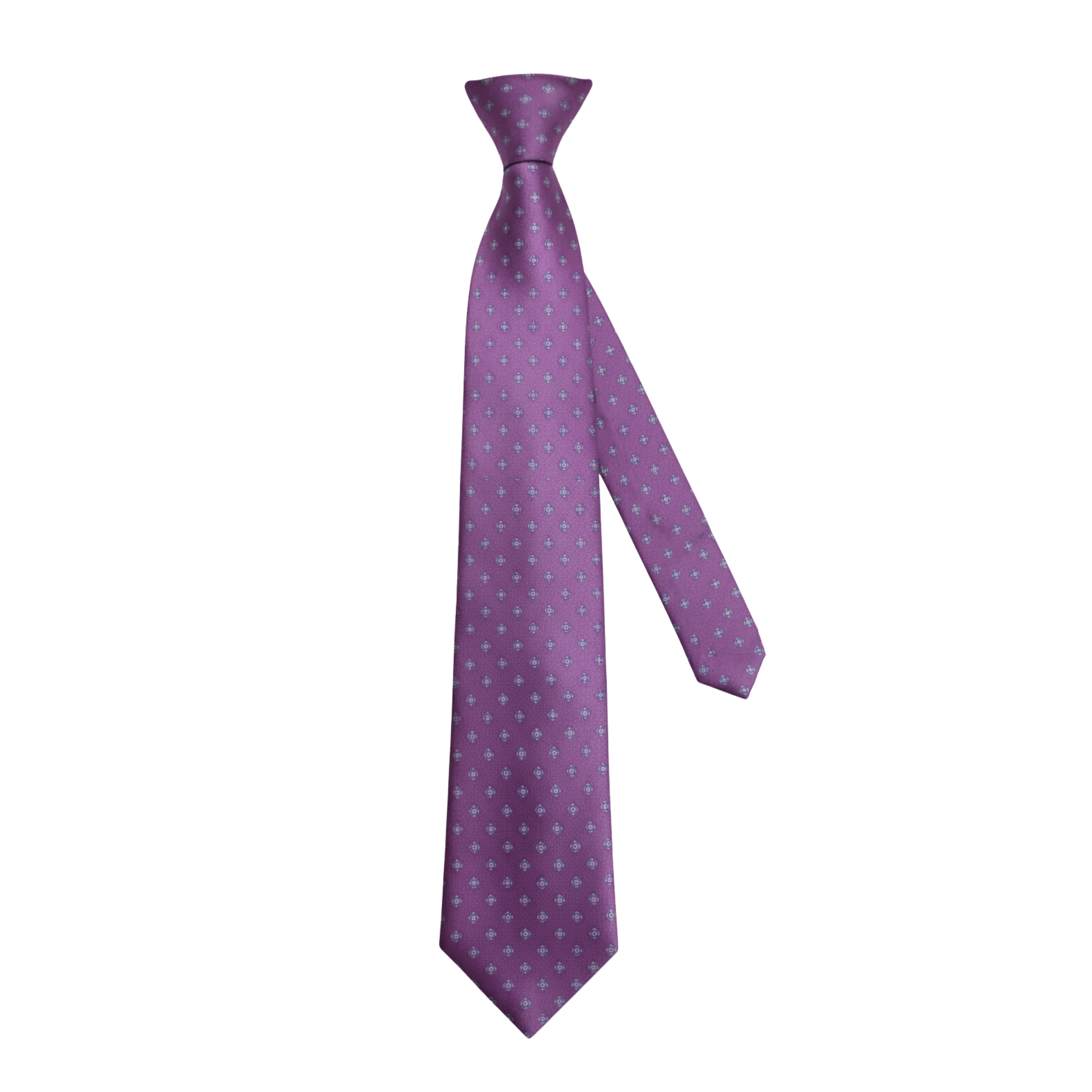 Purple silk tie shown at an angle with repeating geometric pattern