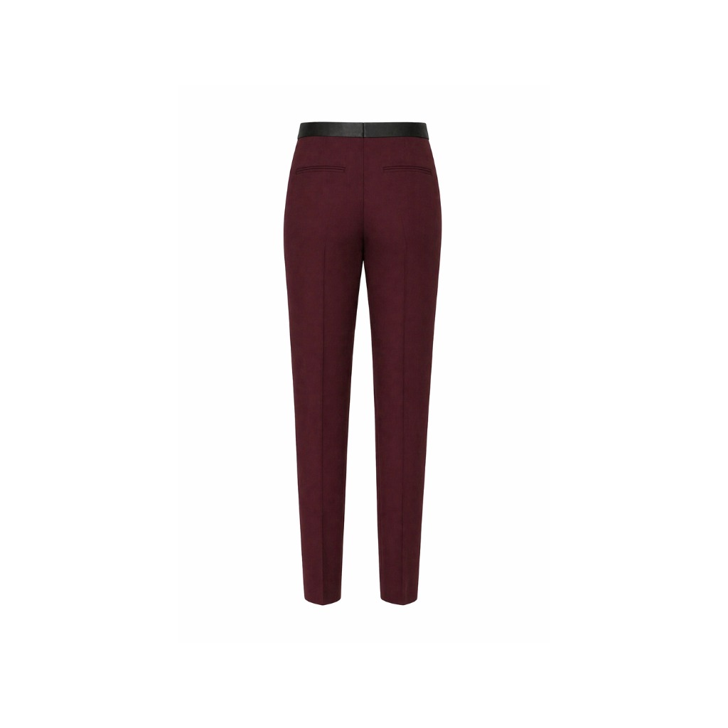 Burgundy Wool Satin-Waistband Tailored Trousers