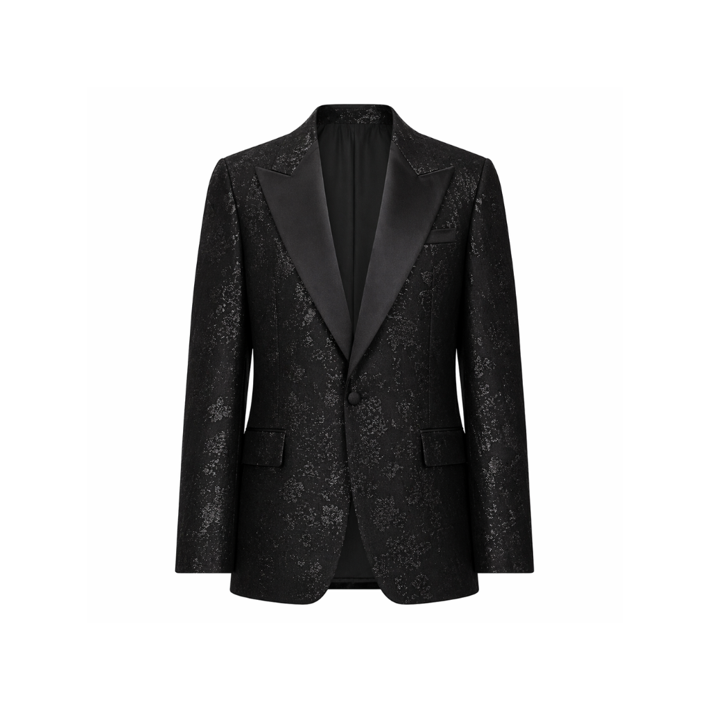 Tailory black floral jacquard tuxedo blazer front view