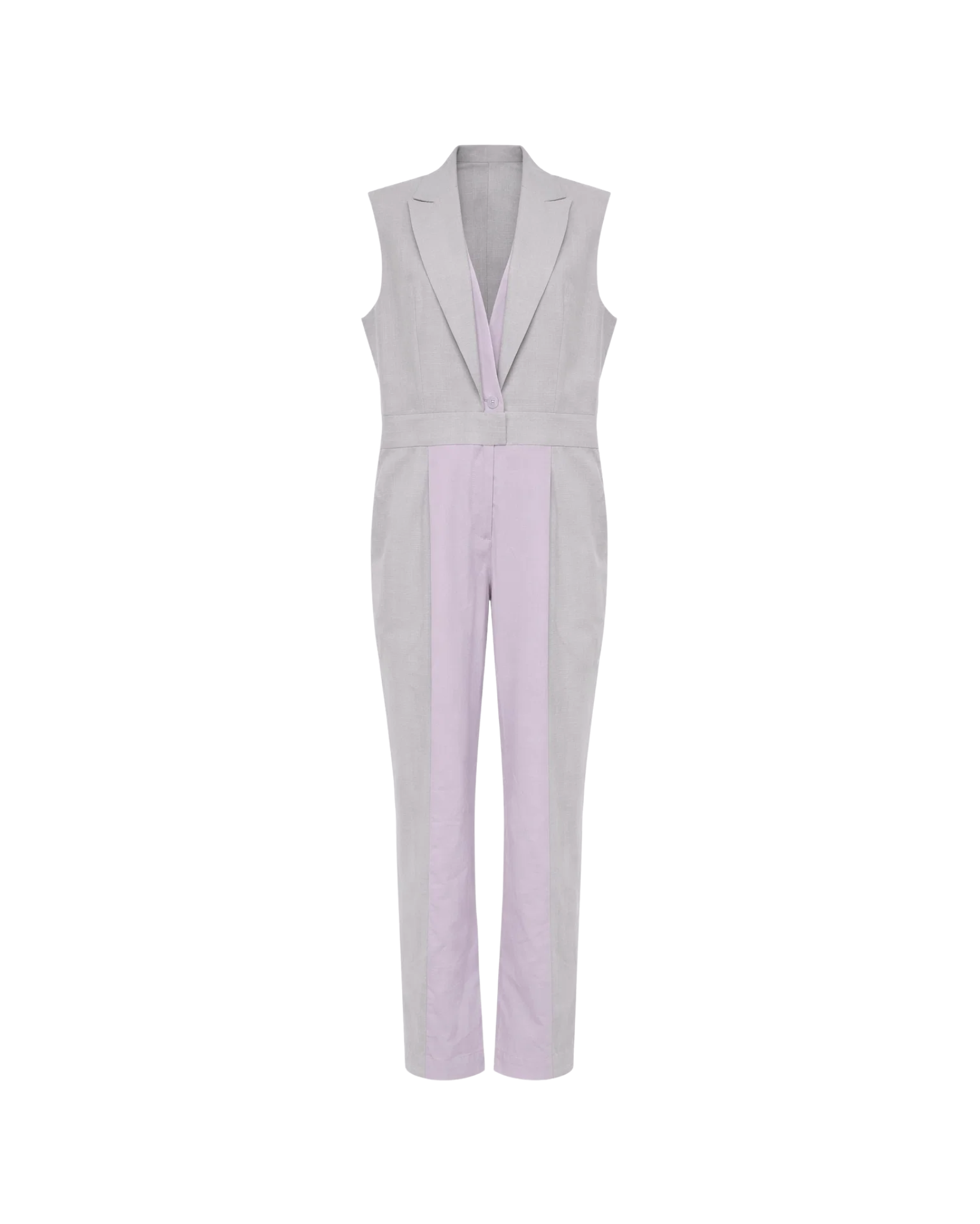 Tailory_Jumpsuit_GreyLilac_ColorBlock_Sleeveless_FrontView