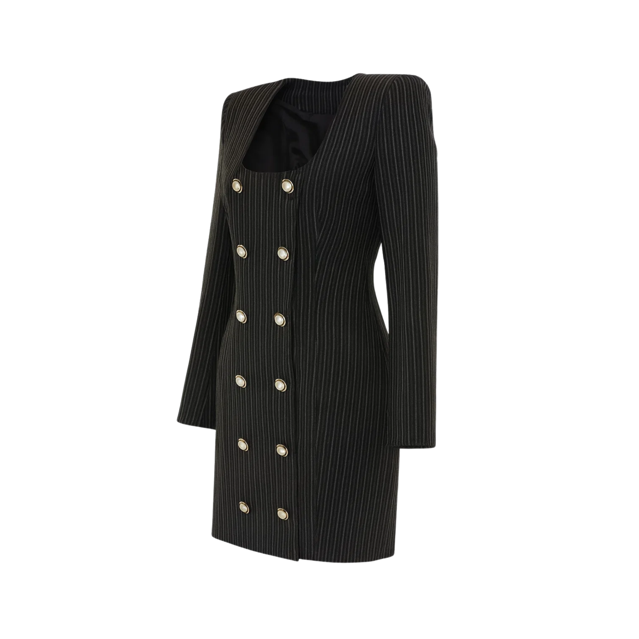 Tailory black pinstripe blazer dress with structured shoulders side view