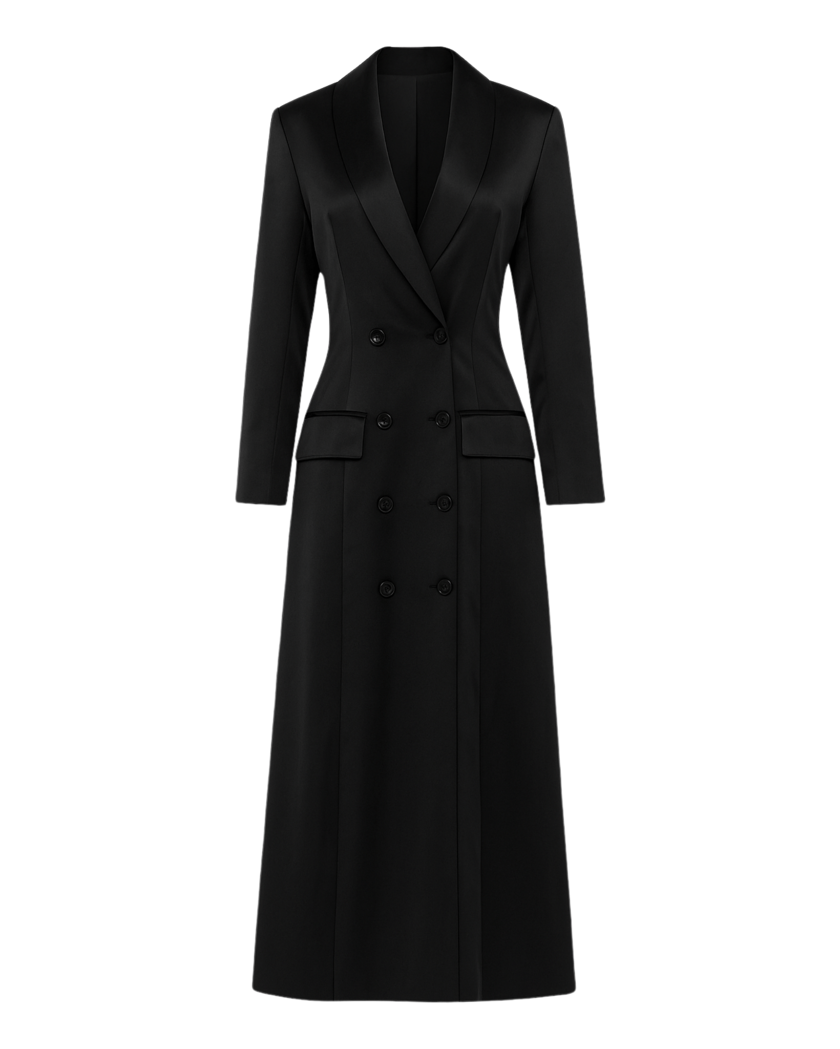 Tailory black satin double-breasted blazer dress front view