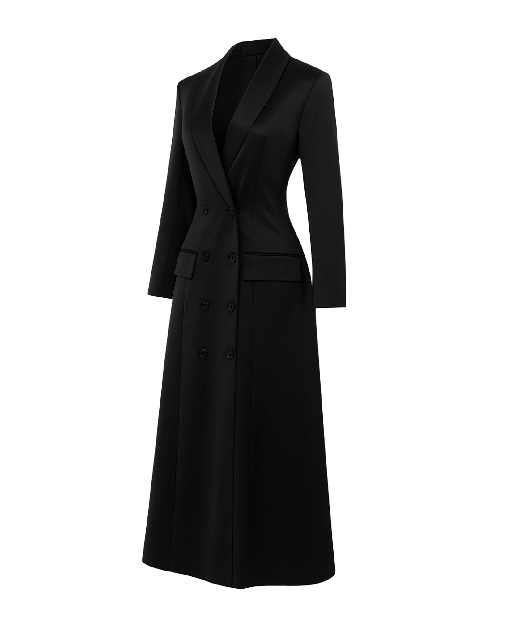 Tailory black satin double-breasted blazer dress side view