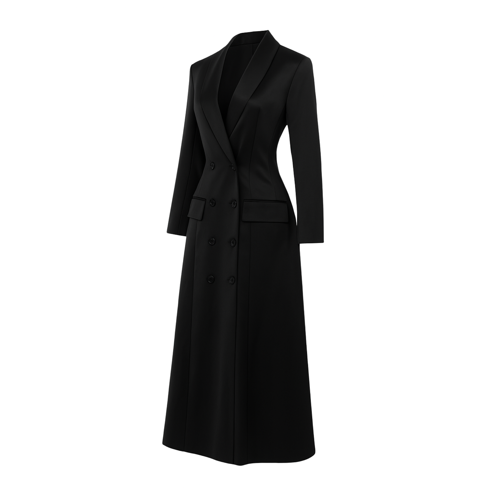Tailory black satin double-breasted blazer dress side view
