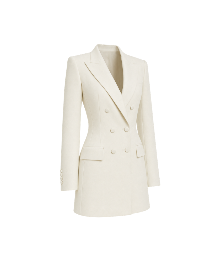 The Tailory New York cream Loro Piana cashmere silk blazer dress three quarter view