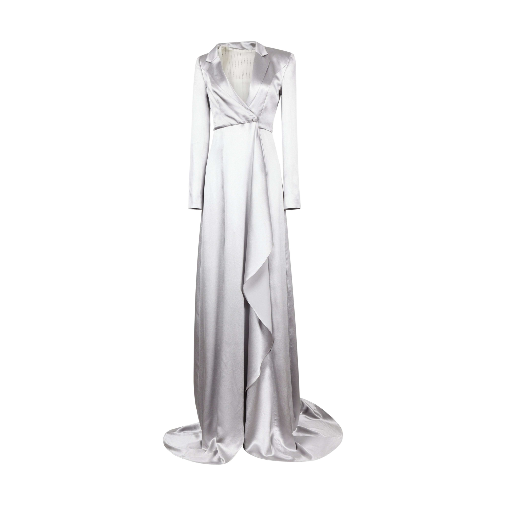 Tailory silver satin blazer dress with fluid train front view