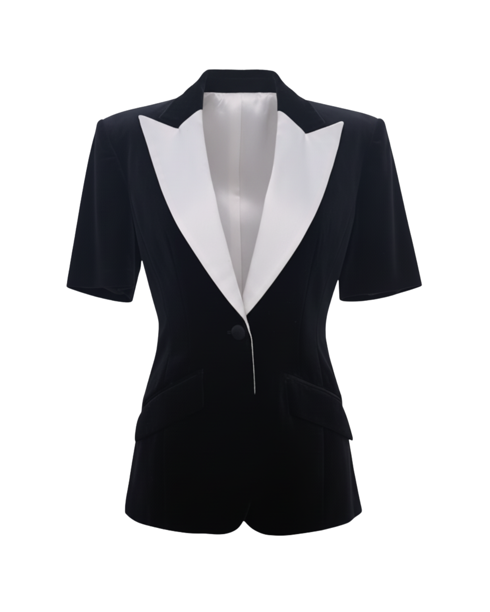 Tailory black contrast-lapel cropped-sleeve tuxedo blazer front view