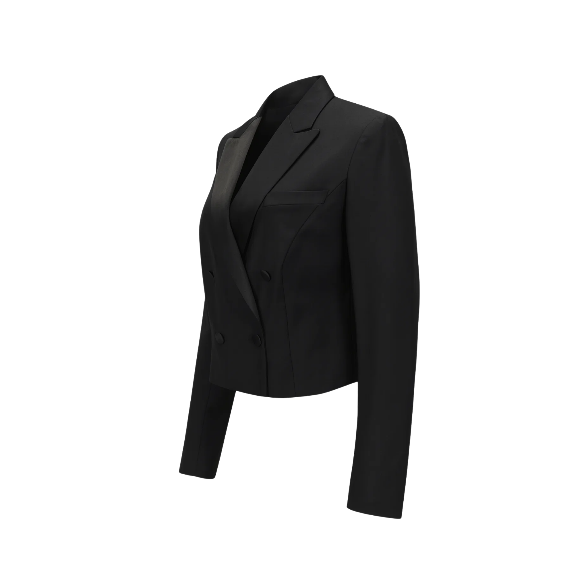Tailory black cropped tuxedo blazer with satin peak lapels side view”