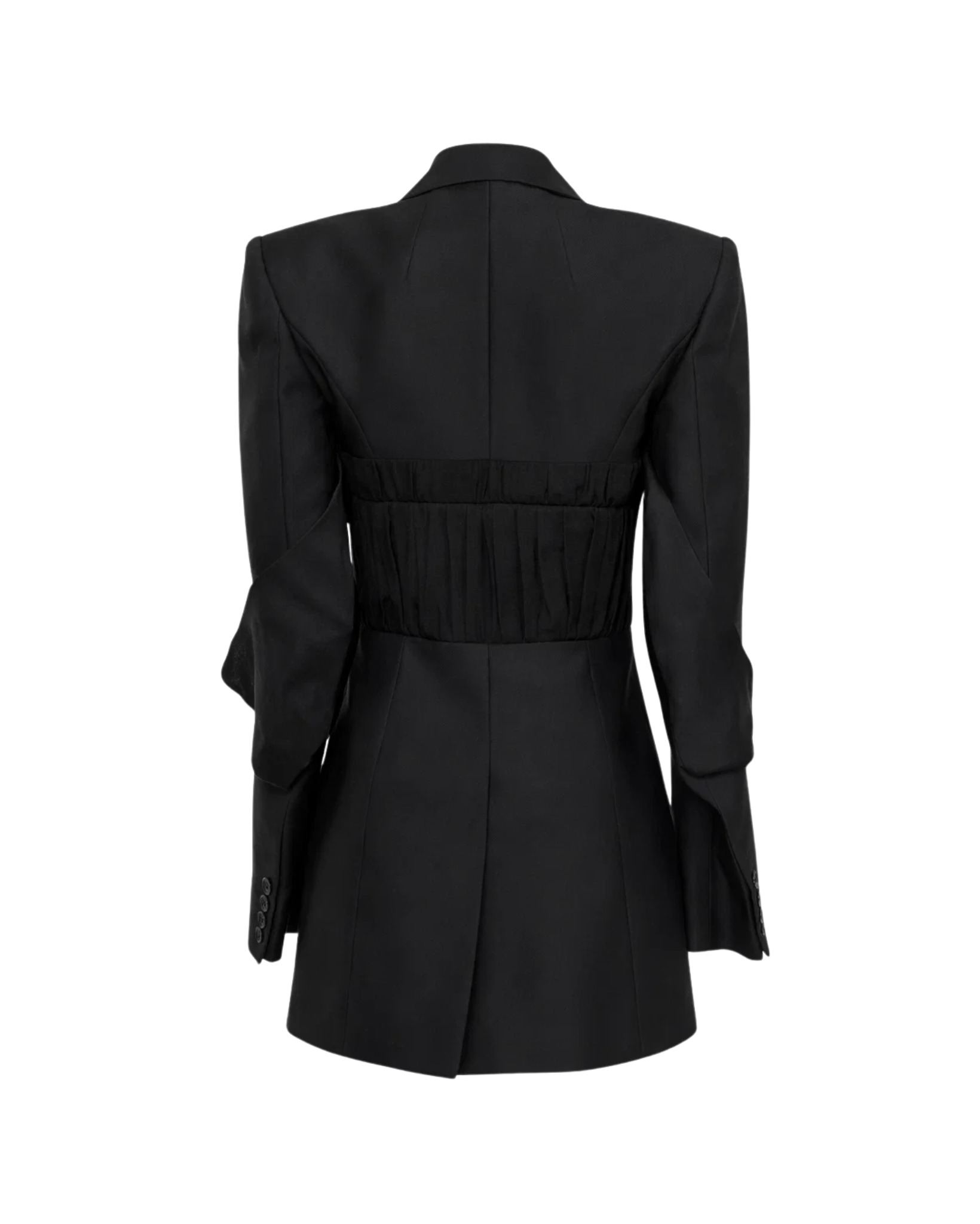 Tailory black structured blazer with gathered sleeve detail back view