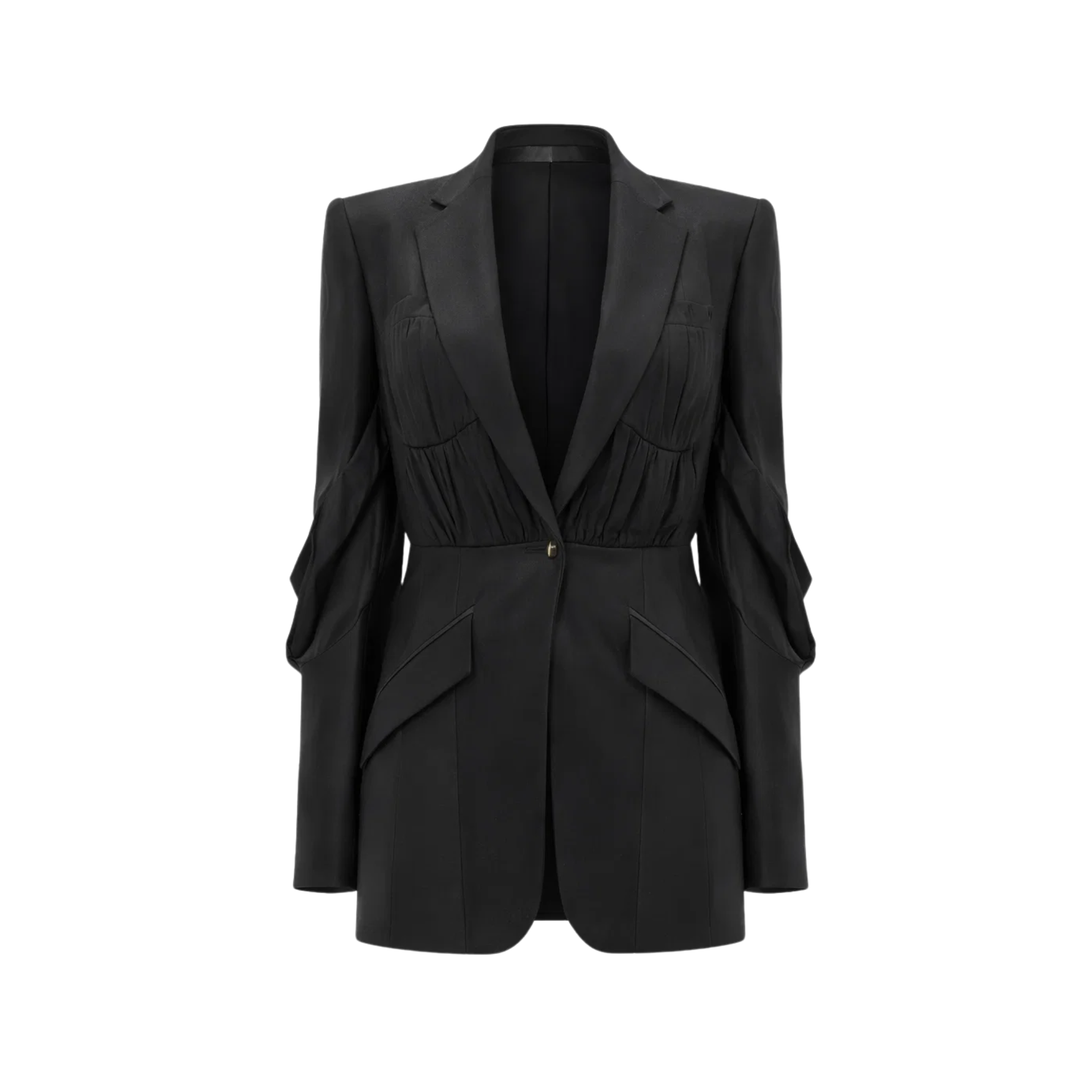 Tailory black peak lapel blazer with gathered sleeves front view